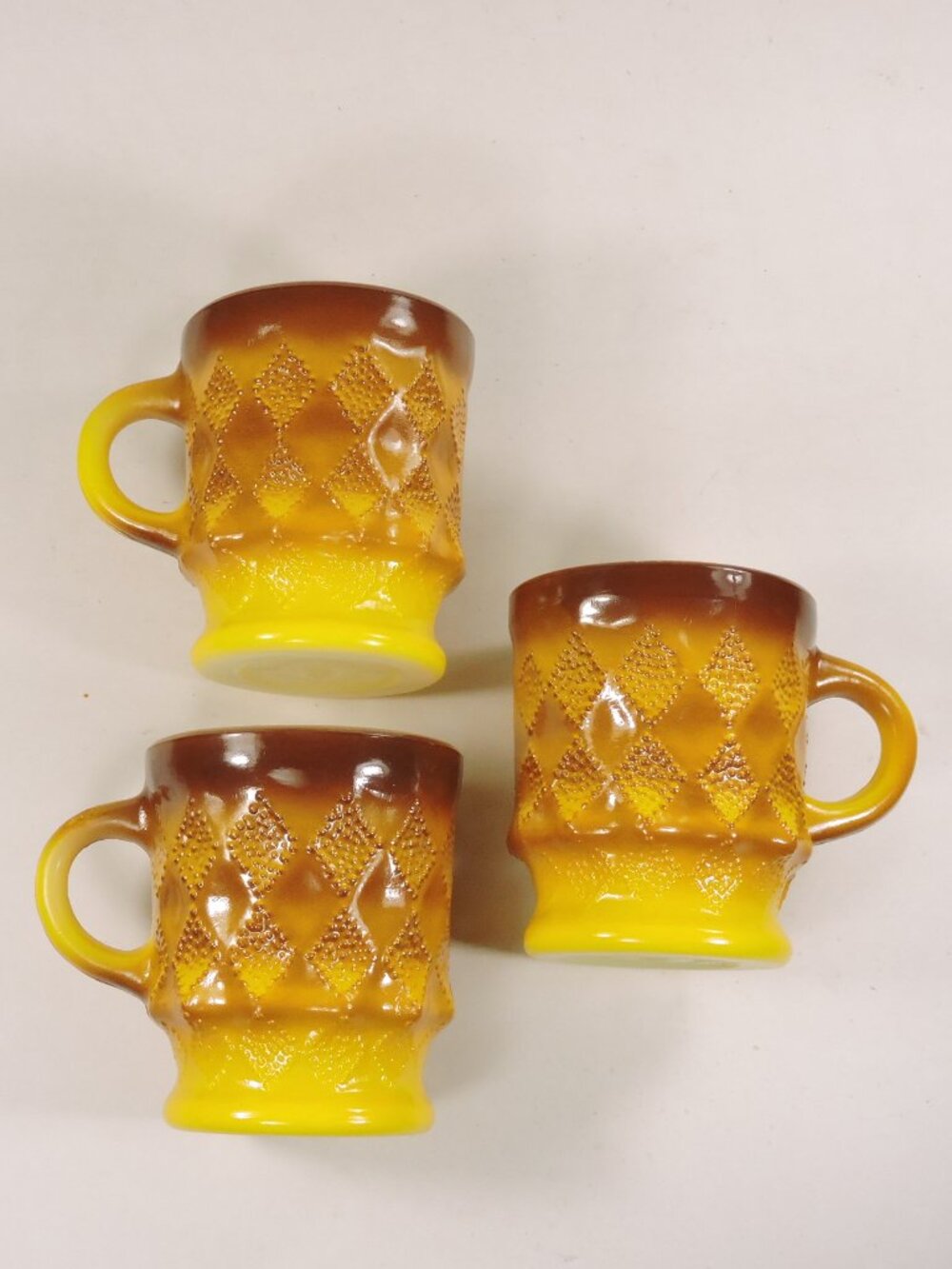 Set of 3 Anchor Hocking Milk Glass Coffee Mugs - Kimberly Diamond Pattern